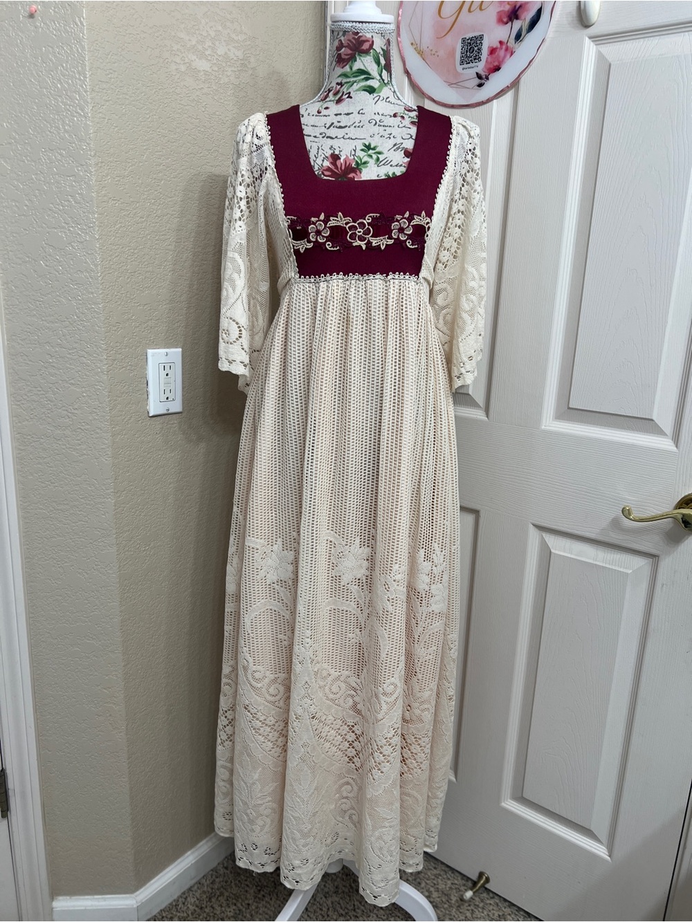 Vintage 1970s Joy Stevens Boho Cream and Maroon Lace wedding dress